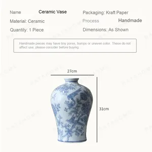 Hand-Painted Blue and White Flower and Bird Plum Vase in blue — dimensions