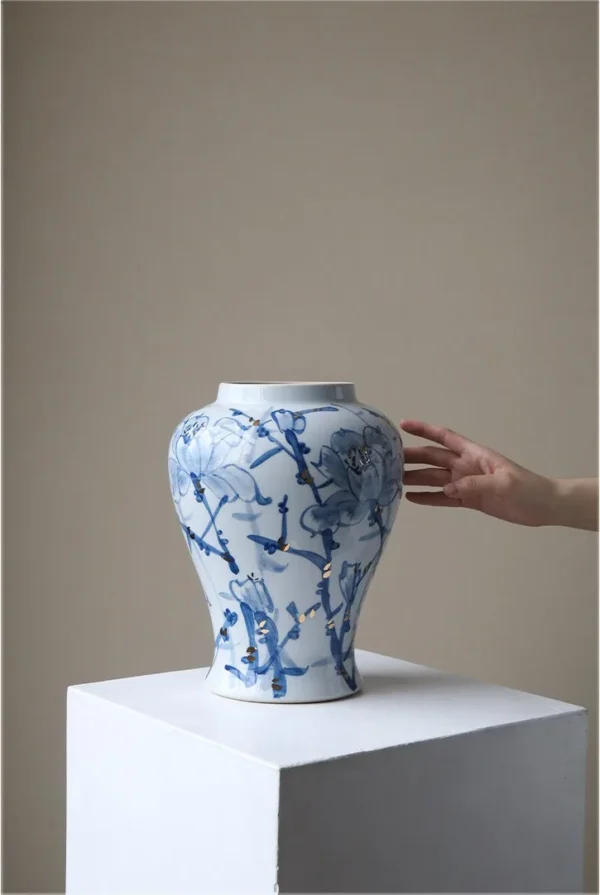 Hand-Painted Blue and White Orchid General Jar in blue — in a room setting