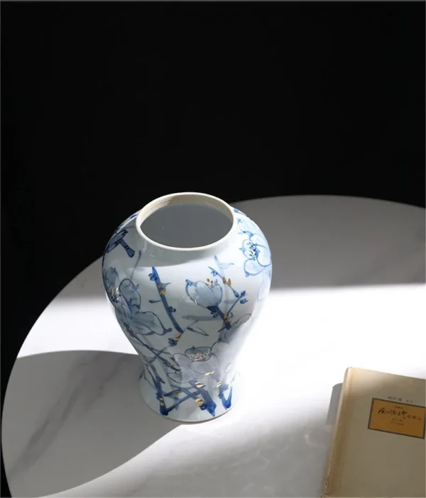Hand-Painted Blue and White Orchid General Jar in blue — in a room setting