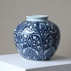 Hand-Painted Blue and White Ethnic Pattern Apple Jar, Medium in blue — front view