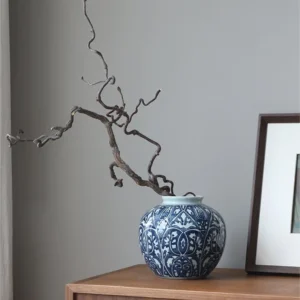 Hand-Painted Blue and White Ethnic Pattern Apple Jar, Medium in blue — in a room setting