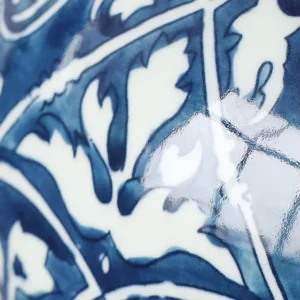 Hand-Painted Blue and White Ethnic Pattern Apple Jar, Medium in blue — in a room setting