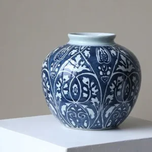 Hand-Painted Blue and White Ethnic Pattern Apple Jar, Medium in blue — in a room setting