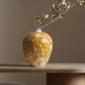Yellow Floral Scroll Ceramic Jar Vase, Large in mustard — front view