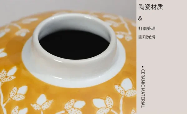 Yellow Floral Scroll Ceramic Jar Vase, Large in mustard — in a room setting