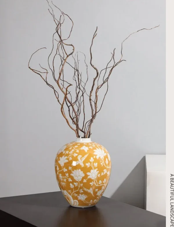 Yellow Floral Scroll Ceramic Jar Vase, Large in mustard — in a room setting