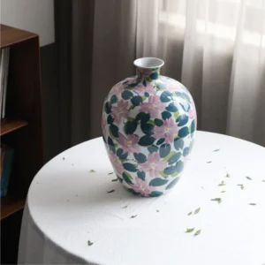 Hand-Painted Pink Floral Porcelain Small-Mouth Vase, Large in rose stone — front view