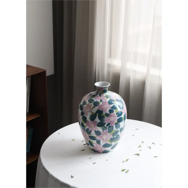 Hand-Painted Pink Floral Porcelain Small-Mouth Vase, Large in rose stone — in a room setting