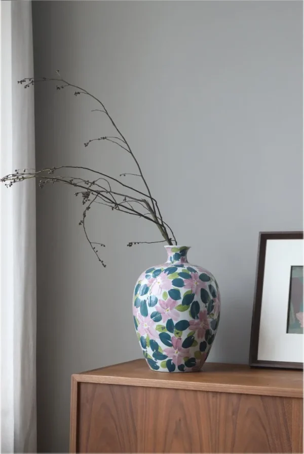 Hand-Painted Pink Floral Porcelain Small-Mouth Vase, Large in rose stone — in a room setting
