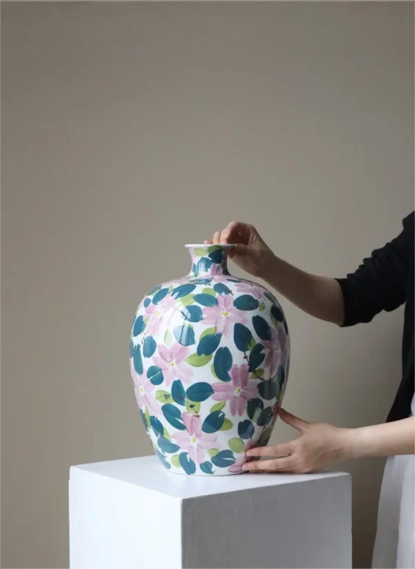 Hand-Painted Pink Floral Porcelain Small-Mouth Vase, Large in rose stone — in a room setting
