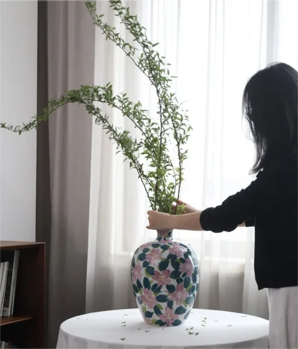 Hand-Painted Pink Floral Porcelain Small-Mouth Vase, Large in rose stone — in a room setting