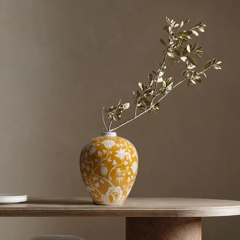 Yellow Ground Blue-and-White Style Floral Ceramic Vase in mustard — front view