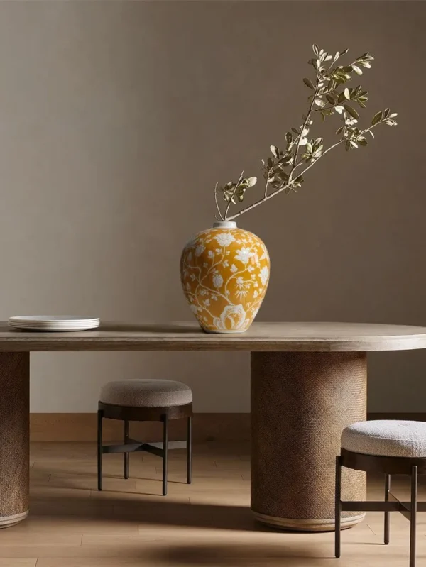 Yellow Ground Blue-and-White Style Floral Ceramic Vase in mustard — in a room setting