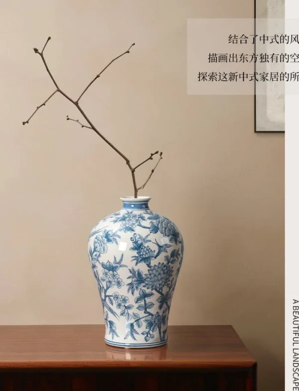 Yellow Ground Blue-and-White Style Floral Ceramic Vase in mustard — in a room setting