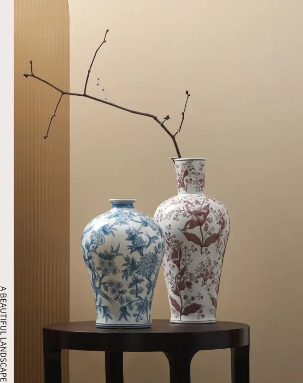 Yellow Ground Blue-and-White Style Floral Ceramic Vase in mustard — in a room setting