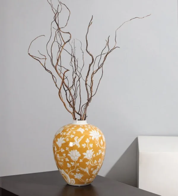 Yellow Ground Blue-and-White Style Floral Ceramic Vase in mustard — in a room setting