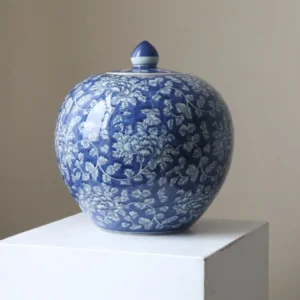 Hand-Painted Blue Ground Floral Lidded Jar, Large in blue — front view