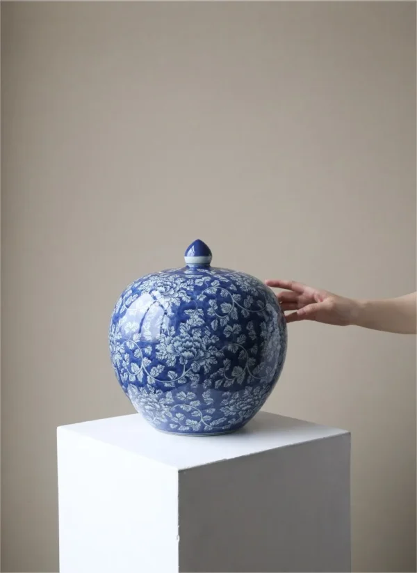 Hand-Painted Blue Ground Floral Lidded Jar, Large in blue — in a room setting