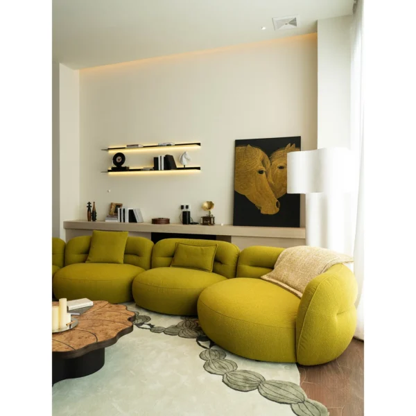 Bobo Ball Pebble Sofa in Mustard Shearling, 435 cm — in a room setting