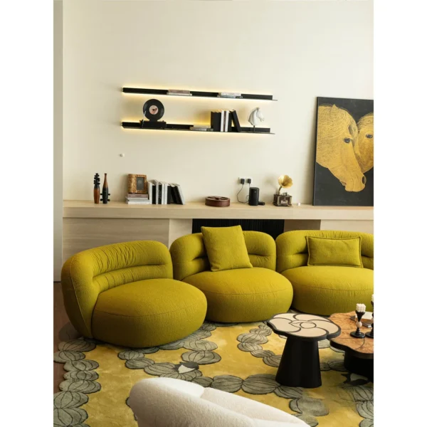 Bobo Ball Pebble Sofa in Mustard Shearling, 435 cm — in a room setting