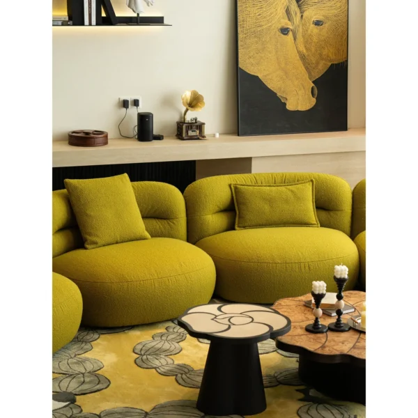 Bobo Ball Pebble Sofa in Mustard Shearling, 435 cm — in a room setting