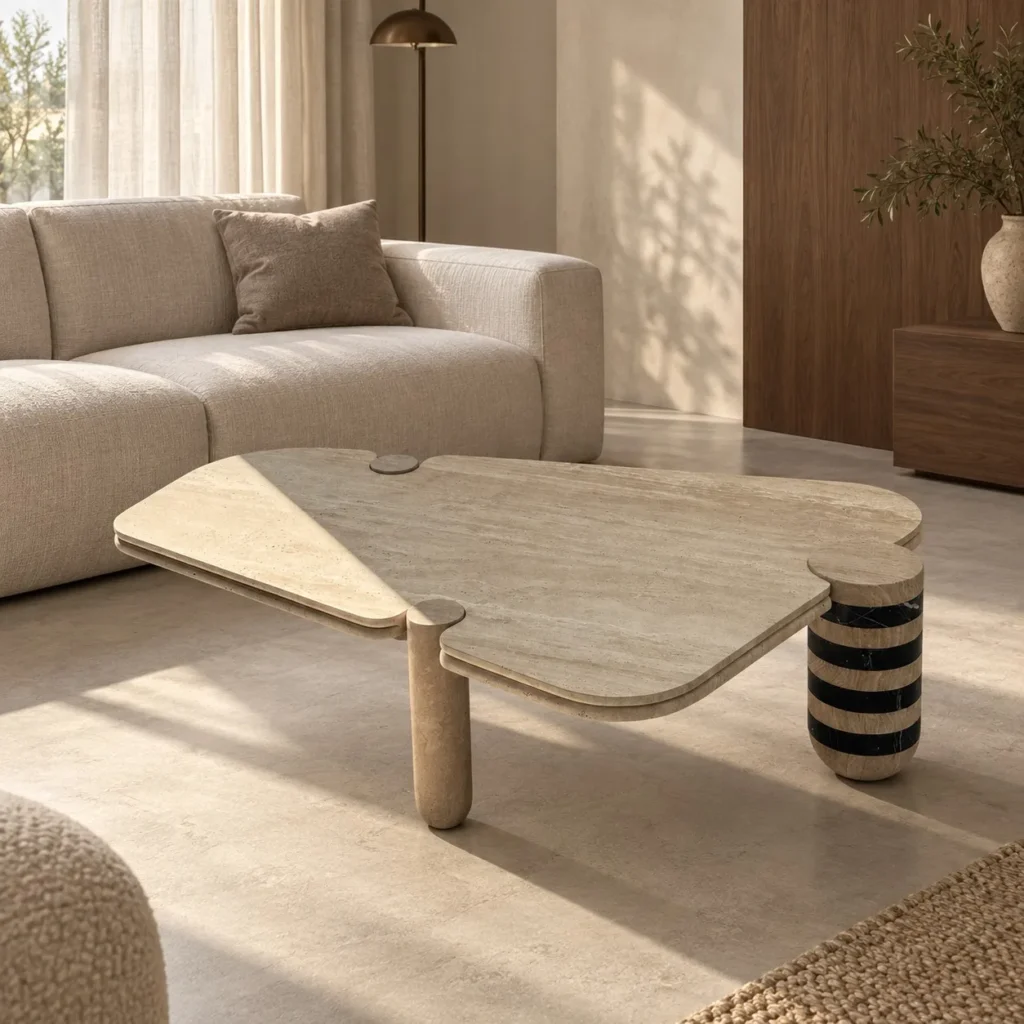 Travertine Geometric Coffee Table with Striped Stone Leg in sand — front view