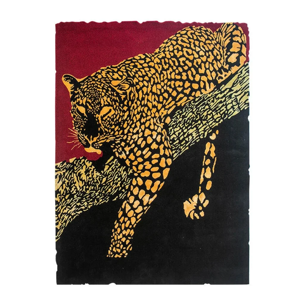 Leopard on Burgundy Statement Rug in burgundy — front view