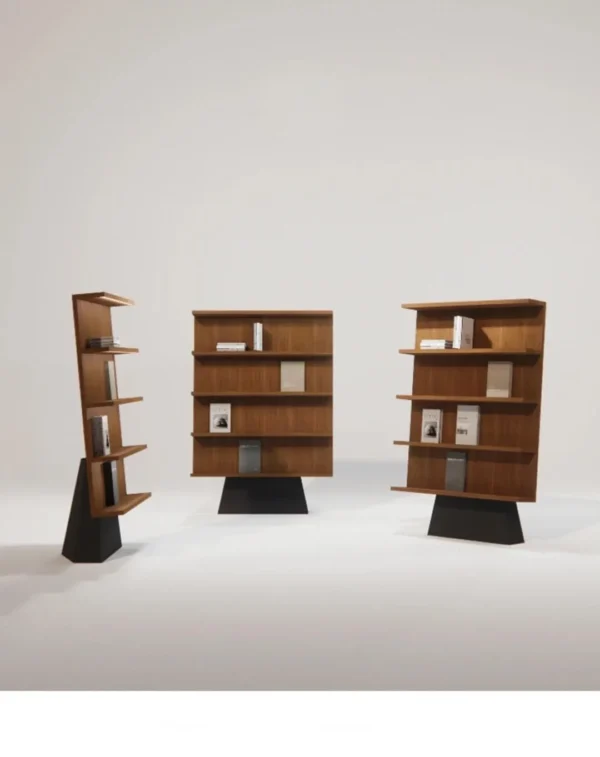 Walnut Freestanding Bookcase on Sculpted Black Pedestal in walnut — in a room setting