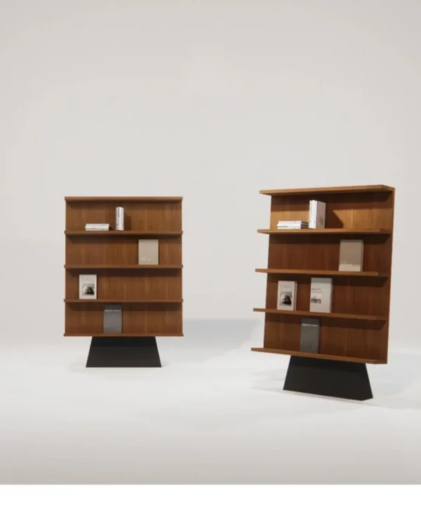 Walnut Freestanding Bookcase on Sculpted Black Pedestal in walnut — in a room setting