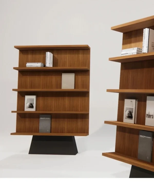 Walnut Freestanding Bookcase on Sculpted Black Pedestal in walnut — detail