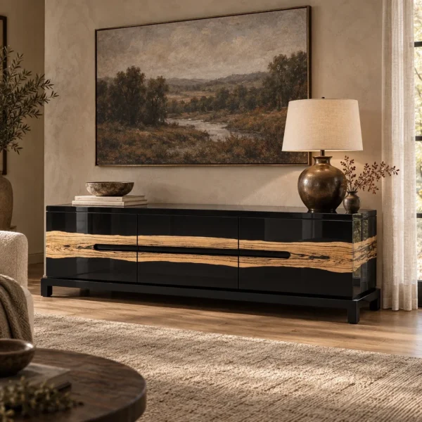 High-Gloss Black TV Stand with Wild-Grain Veneer Doors in black — in a room setting