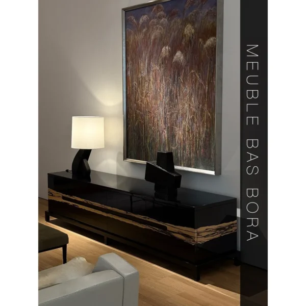High-Gloss Black TV Stand with Wild-Grain Veneer Doors in black — in a room setting