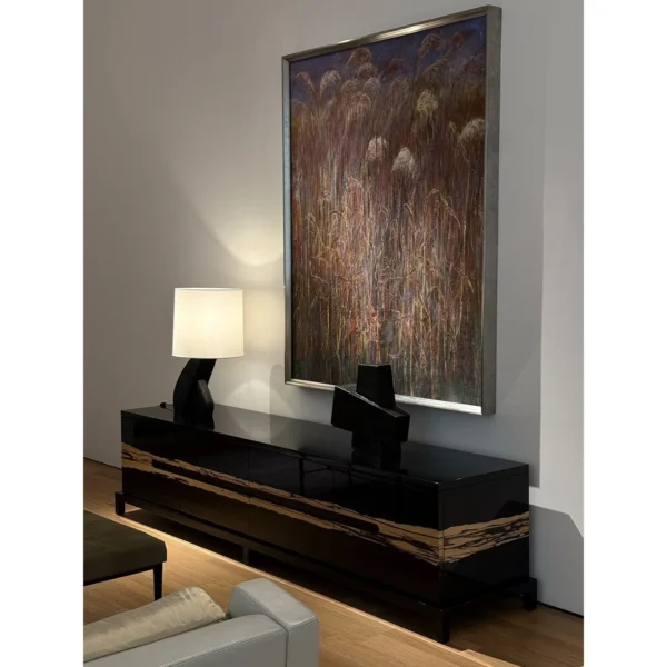 High-Gloss Black TV Stand with Wild-Grain Veneer Doors in black — in a room setting