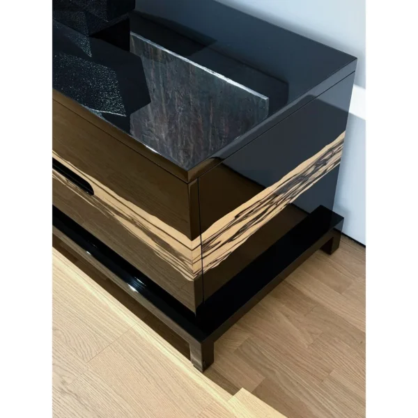 High-Gloss Black TV Stand with Wild-Grain Veneer Doors in black — in a room setting
