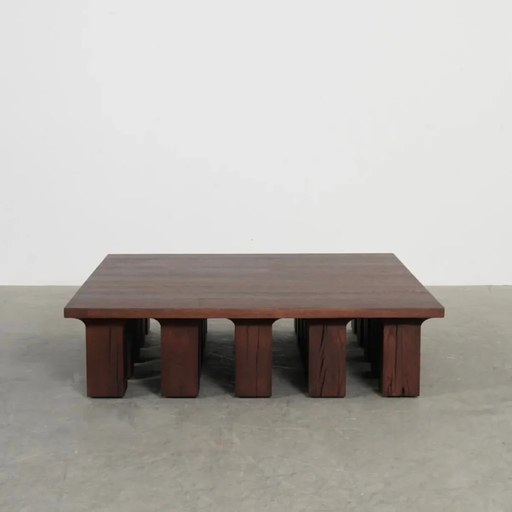 Oak Low Coffee Table on Multiple Block Legs, 120 x 130 cm in clay — front view
