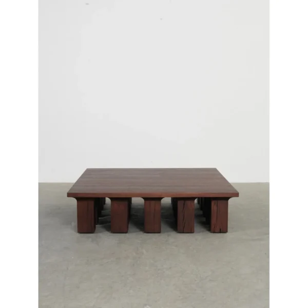 Oak Low Coffee Table on Multiple Block Legs, 120 x 130 cm in clay — in a room setting