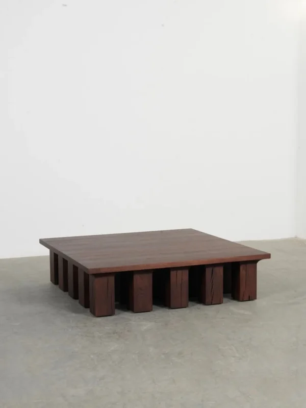 Oak Low Coffee Table on Multiple Block Legs, 120 x 130 cm in clay — in a room setting