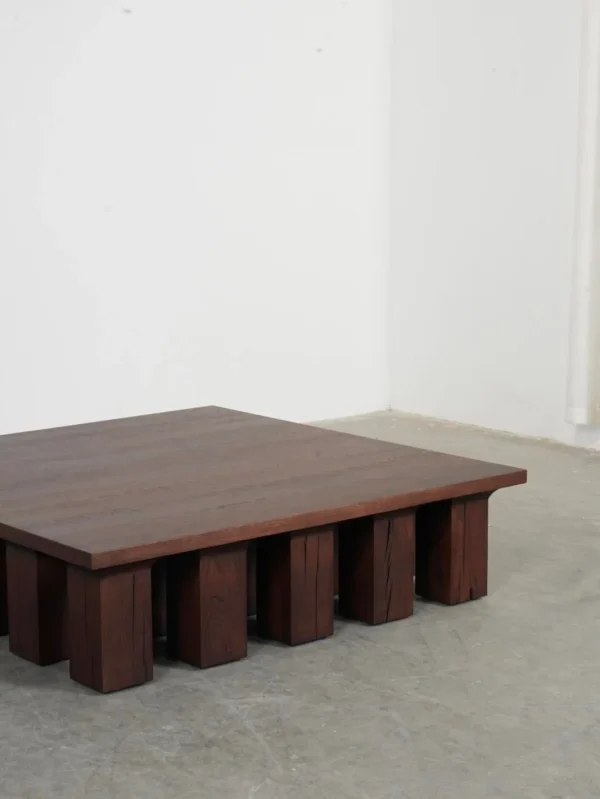 Oak Low Coffee Table on Multiple Block Legs, 120 x 130 cm in clay — in a room setting