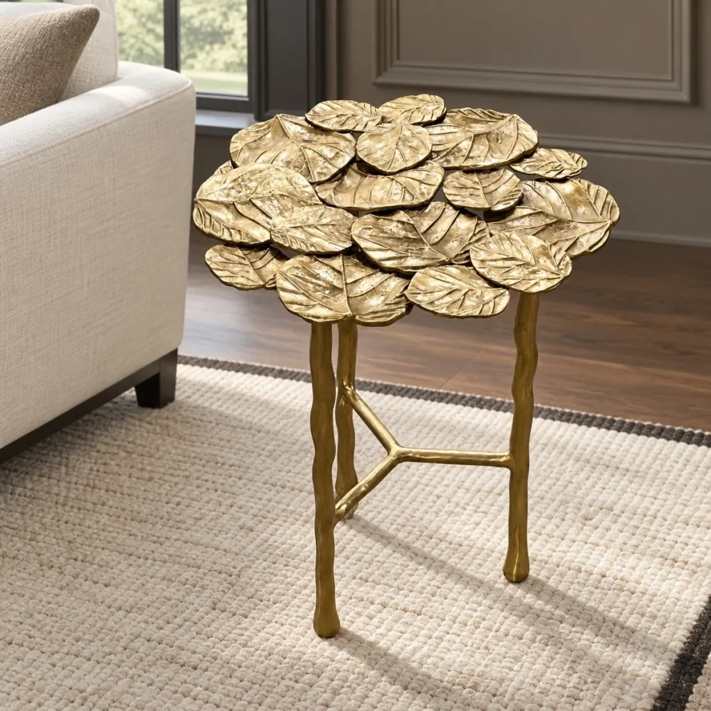 Brass Lily Pad Side Table on Branch Legs in brushed brass — front view