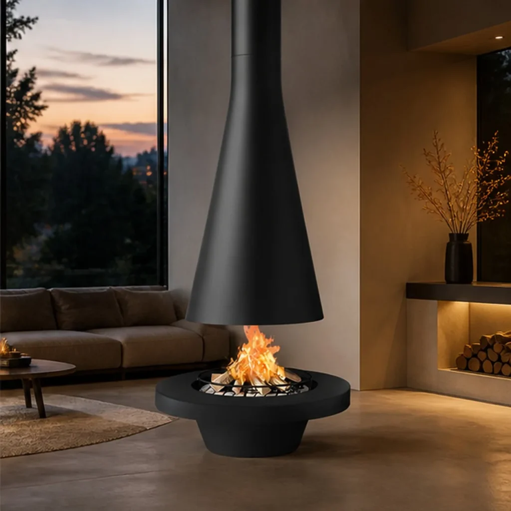 Brent Suspended Cone Fireplace with Floor Bowl, 100 cm in black — front view