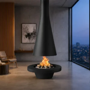 Brent Suspended Cone Fireplace with Floor Bowl, 100 cm in black — in a room setting
