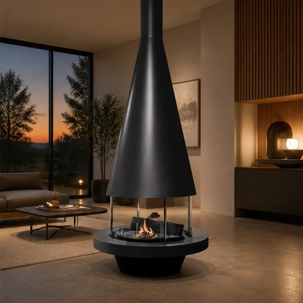 Brent Suspended Cone Fireplace with Glass-Ringed Base, 90 cm in black — front view