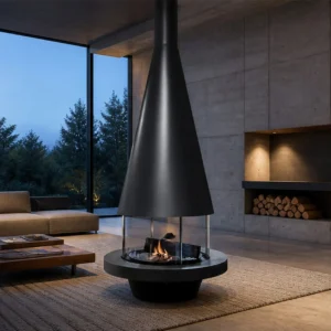 Brent Suspended Cone Fireplace with Glass-Ringed Base, 90 cm in black — in a room setting