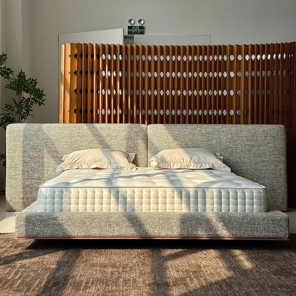 Milan Loft Bed with Slatted Wood Screen and Clover Cut-Outs in sand — front view