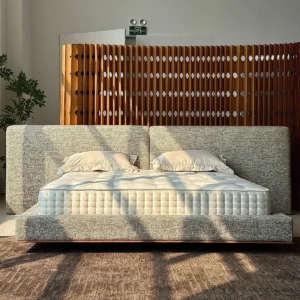Milan Loft Bed with Slatted Wood Screen and Clover Cut-Outs in sand — front view