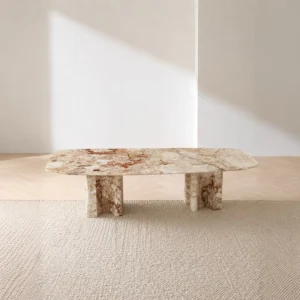 Breccia Marble Long Dining Table on Stone Slabs in rust — front view