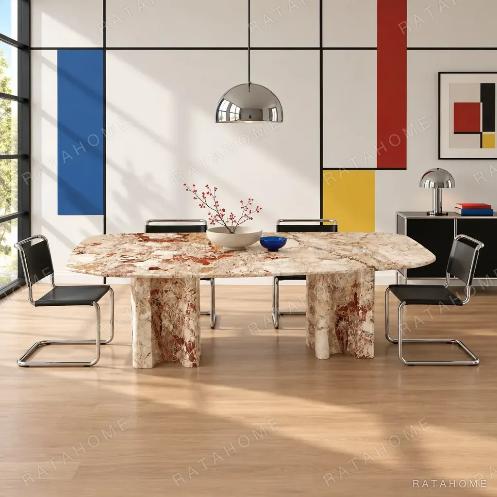 Breccia Marble Long Dining Table on Stone Slabs in rust — in a room setting
