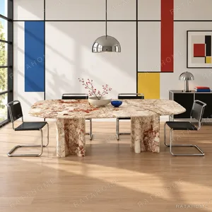 Breccia Marble Long Dining Table on Stone Slabs in rust — in a room setting