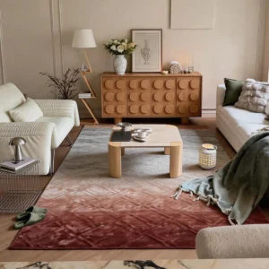 Brick Pattern Rust Red Rug with Soft Sheen in red — front view