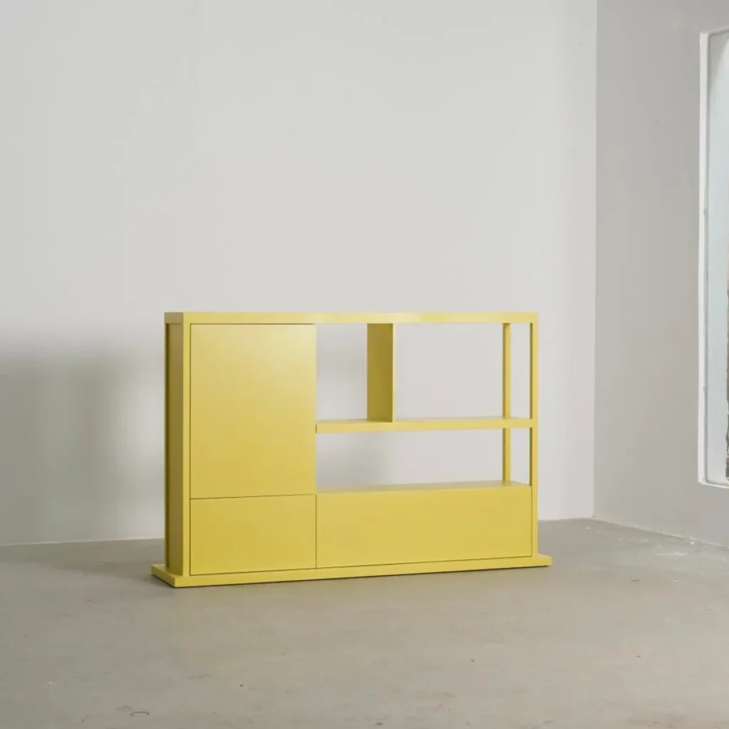 Bright Yellow Lacquered Open Shelf Cabinet, 185 cm in mustard — front view